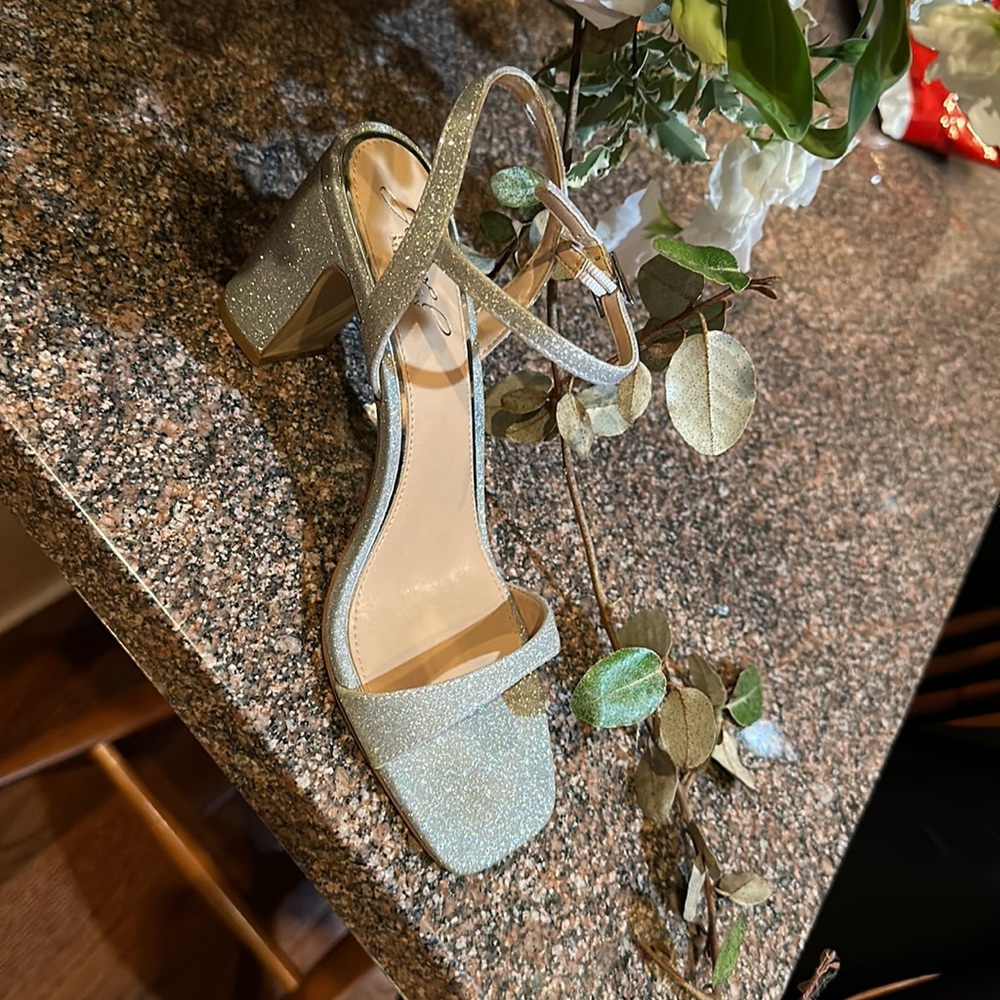 Jewel Badgley Mischka Women’s size 6.5 Silver Block Heel Sandal